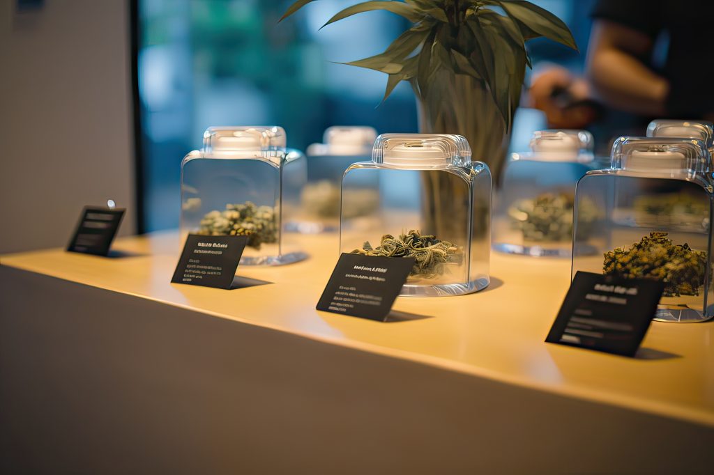 Store displaying various cannabis flower samples, medicinal marijuana. 
